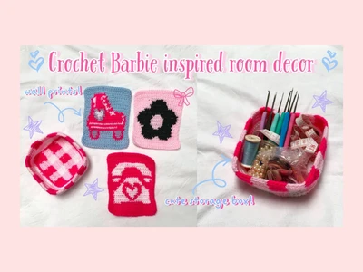 Crochet BARBIE-inspired room décor: gingham basket, roller skate/phone wall printsthisfairymade
