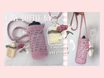 Crochet water bottle holder bag tutorial: with cute rose charm & airpods case| beginner friendly