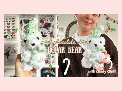 How to crochet with FLUFFY yarn, mint polar bear with candy cane tutorial | thisfairymade