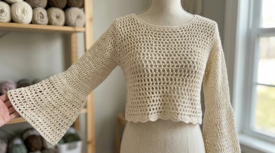 Crochet Bell-Sleeved Draping Summer Crop Top