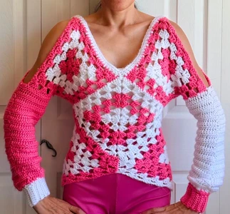 The Retro-Pop Cold-Shoulder Granny Square Top