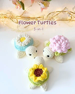 Flower Turtles 3-in-1 - Crochet Daisy Sunflower Rose Turtles Pattern