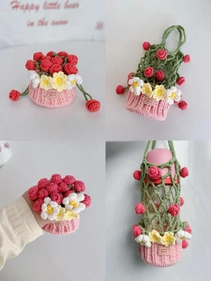Bouquet Water Bottle Holder Crochet Pattern, Cup Sleeve and Bag Charm, Kawaii Bottle Accessories