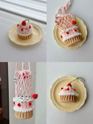 Strawberry Cake Water Bottle Holder Crochet Pattern, Cup Sleeve and Bag Charm, Kawaii Bottle Accessories