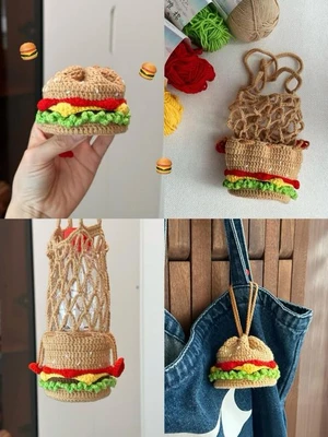 Hamburger Water Bottle Holder Crochet Pattern, Cup Sleeve and Bag Charm, Kawaii Bottle Accessories
