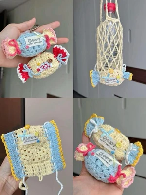 Candy Water Bottle Holder Crochet Pattern, Cup Sleeve and Bag Charm, Kawaii Bottle Accessories