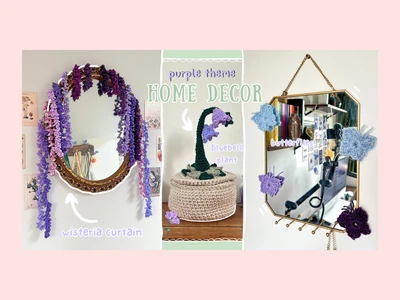 Crochet PURPLE theme room decor tutorial: wisteria curtain, lily of the valley & butterflies