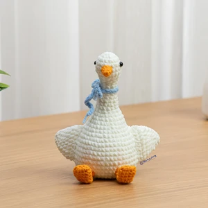 Crochet Mini Goose Pattern Goose With Blue Bow stuffed Toy Silly Fluffy Baby Goose