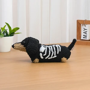 SKull Dachshund Crochet Pattern Low Sew Amigurumi Puppy with Skull Sweather Halloween Sausage Dog Spooky Deco