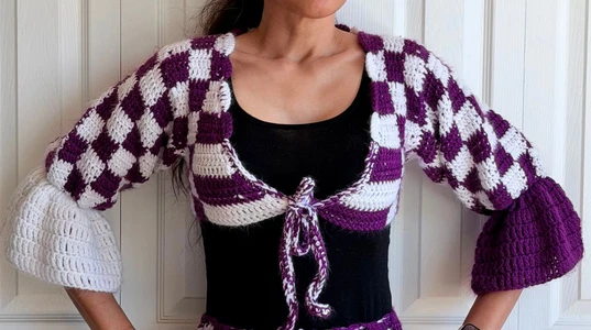 The Checkerboard Bell-Sleeve Top