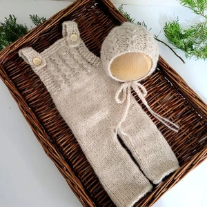 Mock Cable Dungarees with Bonnet or Beanie. Newborn or 0-3 months