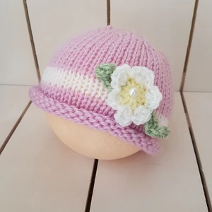 Baby Girl Roll-Brim Beanie Hat with Crochet flower
