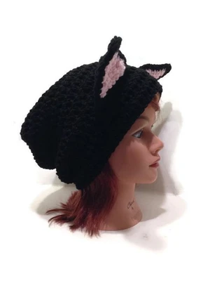 Black Slouchy Cat Hat Crochet Pattern