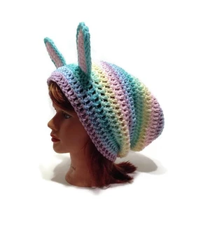 Pastel Rainbow Bunny Rabbit Slouchy Hat Crochet Pattern