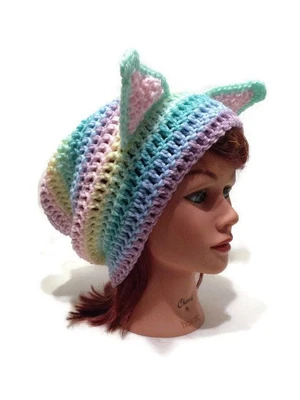 Pastel Rainbow Slouchy Cat Hat Crochet Pattern
