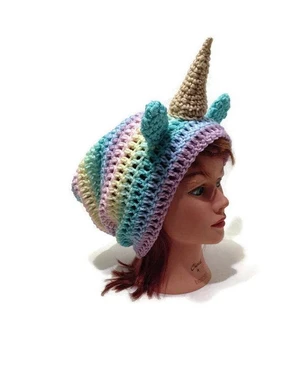 Pastel Rainbow Unicorn Slouchy Hat Crochet Pattern