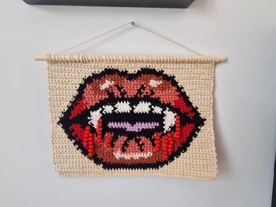 Vampire Lips Dripping Blood Halloween Crochet Tapestry