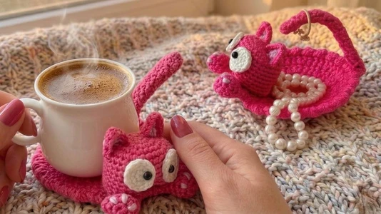 Multi-Functional Crochet Cat Coaster, Jewelry Holder & Decor