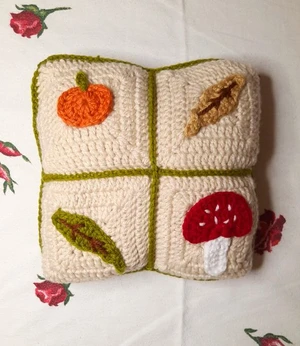 Fall decor pillow with Pumpkin, Mushroom and Fall Leaf Appliques