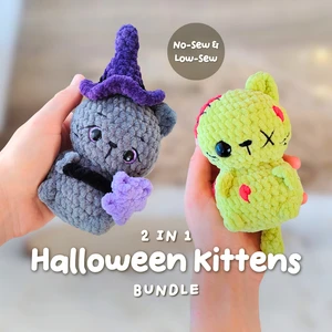 2-in-1 Halloween Cat Low Sew Crochet Patterns, Witch & Zombie Kitty