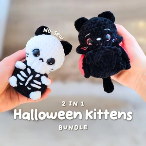 2-in-1 Halloween Cat No Sew Crochet Patterns, Skeleton & Vampire Kitty